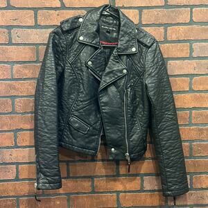 Black Faux Leather Moto Jacket Blanc Noir - Small